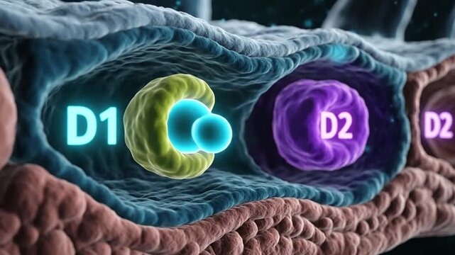Educational 3D biology animation macro close up of dopamine binding to dopamine receptors D1 and D2 embedded in neuron membrane realistic phospholipid bilayer texture cyan glowing dopamine ligand appr