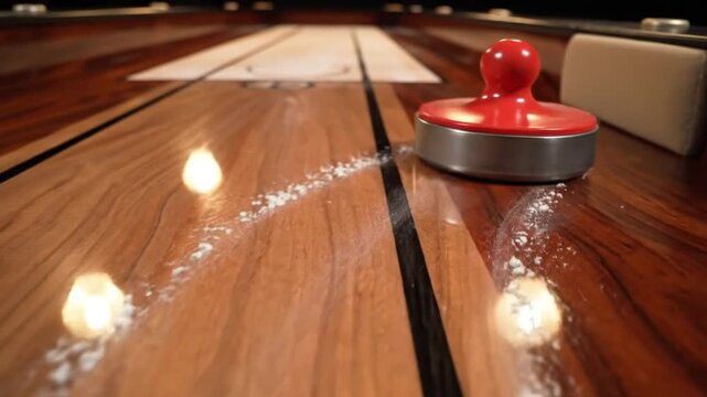 Red shuffleboard puck gliding across a wooden board sprinkled with powder, close up shot