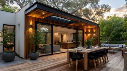 Fototapeta premium Luxurious modern home outdoor patio featuring wooden decking and a dining table, surrounded by lush green trees under soft evening sunlight.