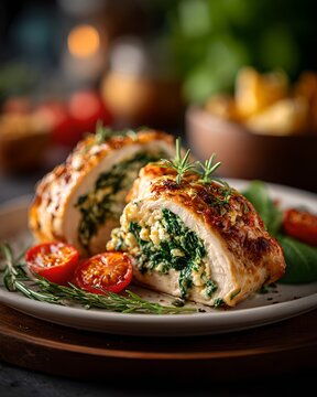 A delicious stuffed chicken breast, cut in half, sits on a plate, surrounded by fresh herbs and tomatoes. The chicken has been cooked to perfection and is filled with a flavorful stuffing