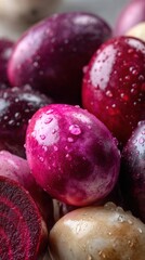 Colorful natural dyed Easter eggs with water droplets close up macro