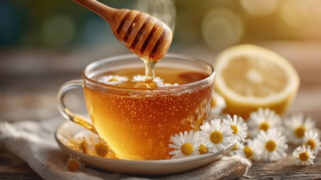 Glass cup of hot chamomile tea with honey being poured from wooden dipper, surrounded by fresh daisies and lemon slice in warm natural light.