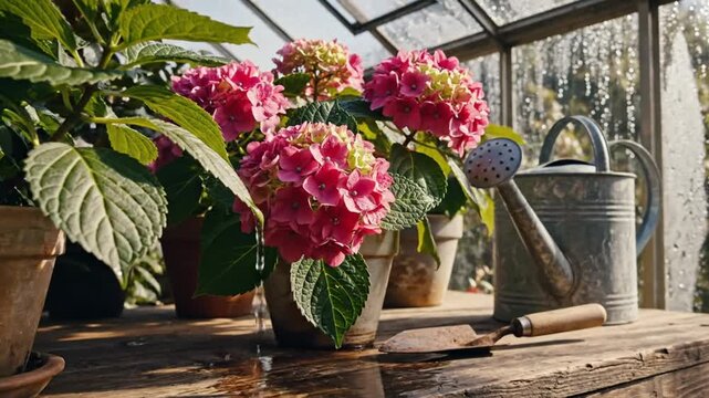 Rainy Day Greenhouse Still Life: Pink Hydrangea Flowers in Pots with Watering Can and Trowel on Wooden Surface