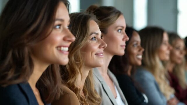 Confident and happy businesswomen of different ethnicities attending a corporate event or seminar, sitting in a row, focusing on the presentation. Empowerment and teamwork concept.