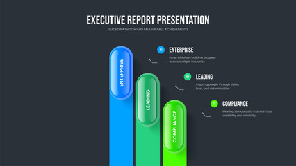 Creative Report 3 Step Diagram Slide Template. Professional Portfolio Three Element Infographic Slideshow Design. Advertising Showcase Presentation Layout Vector Illustration.