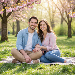 Naklejka premium happy young couple sitting on a blanket in a park with a cherry blossom trees