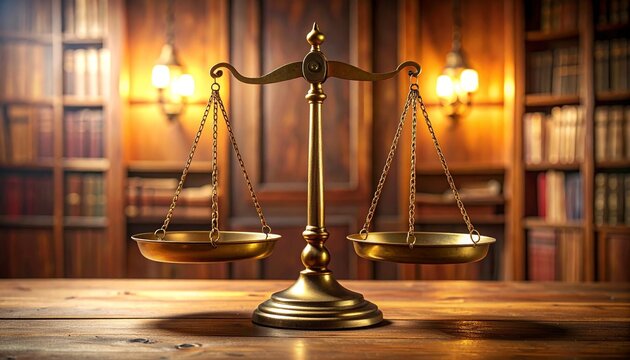 Golden Scales of Justice on Wooden Table in Classic Library Setting for Legal or Judgement Concepts.