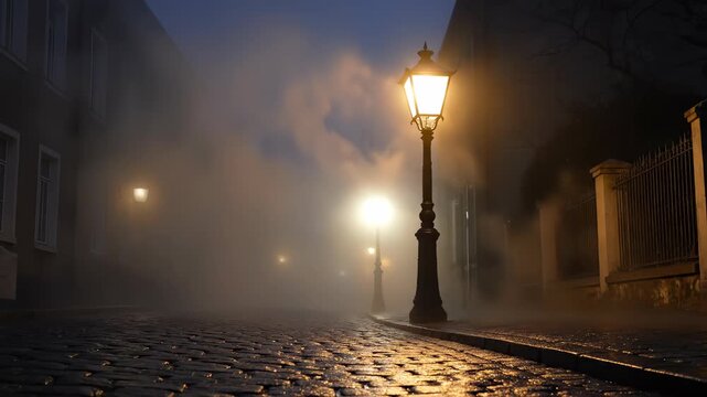 Mysterious Street Scene: An evocative image of a cobblestone street enveloped in a soft mist, illuminated by the warm glow of vintage street lamps, creating a scene of atmospheric and intriguing.