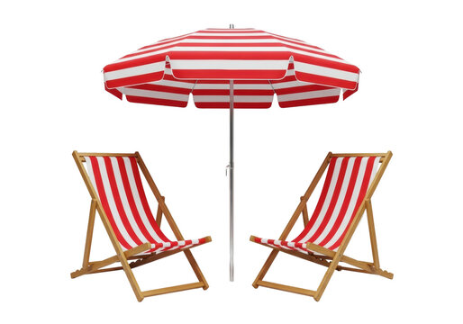 Empty, perfectly clean, red and white striped wooden deck chairs with matching umbrella on a gray studio background, symmetrical high-angle view, concept of pristine summer leisure