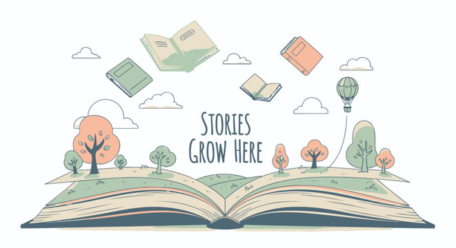 Literary whimsy vector illustration, open book with floating books, trees, and hot air balloon, symbolizing growth of stories. Created in colorful style with pastel palette.