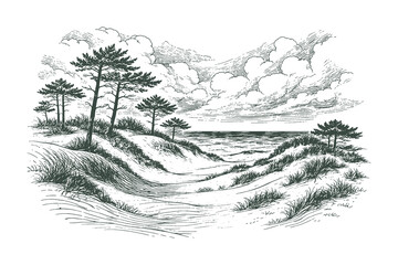 Serene Coastal Sand Dunes with Pine Trees Vector Illustration in Vintage Woodcut Style Featuring Ocean Horizon and Sandy Beach Landscape © Chairul