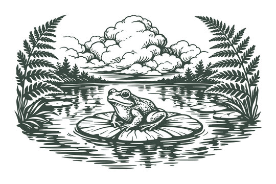 Classic Woodcut Frog on Lily Pad Vector Illustration Featuring a Pond Scene with Fern Leaves and Large Clouds in Detailed Engraving Style
