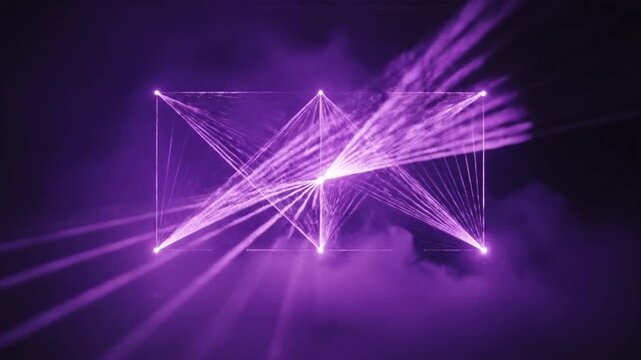 A futuristic wolf silhouette emerges from geometric lines and beams of light in a dark, cloudy night sky with purple hues, used for technology or innovation concepts