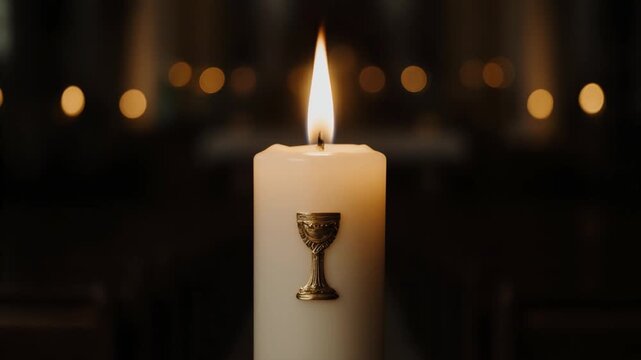 A tall white communion candle with a gold host symbol, a soft yellow flame flickering gently. Sacred, serene scene evoking ritual, faith, and spiritual warmth.
