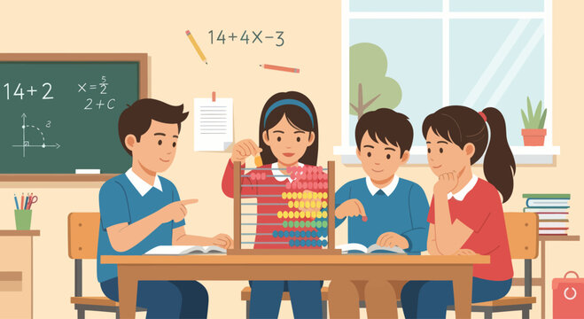 Children learning math with abacus in classroom
