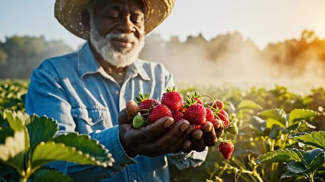 Solitary farmer in a sunlit misty strawberry field holding ripe berries with a warm smile
