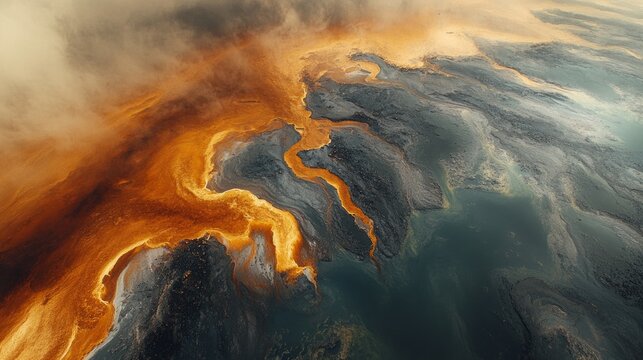 Environmental disaster: a polluted river with toxic deposits &mdash; a sobering reminder of the consequences of industrial emissions, relevant for illustrating articles on the climate crisis.