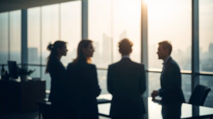 Blurred silhouette of a business team having a meeting in a modern office with a city skyline