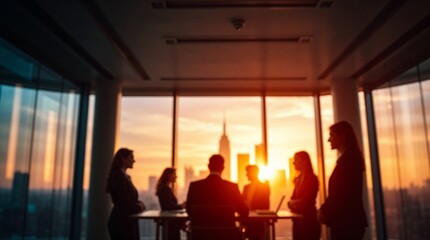 Blurred silhouette of a business team having a meeting in a modern office with a city skyline