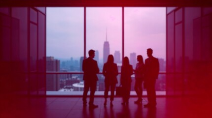 Blurred silhouette of a business team having a meeting in a modern office with a city skyline