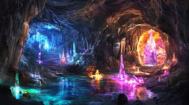 Vibrant crystalline cave with multicolored glowing stalagmites and reflective pool