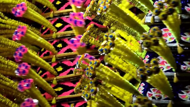 Colorful spinning structures used in the 'Kavadi' procession of temple festivals in Kerala, India