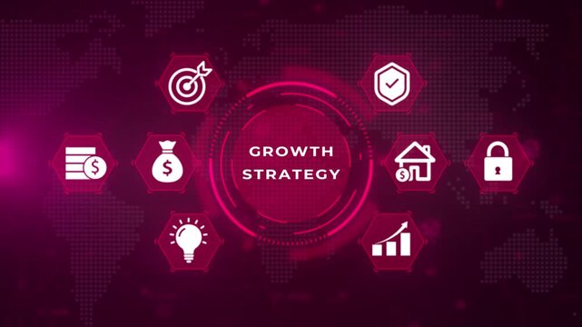 Digital infographic with interconnected hexagonal representing business finance goals security home and innovation against a dark pink map background with glowing grid lines and circular HUD