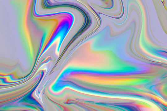 Vibrant iridescent fluid waves swirl in psychedelic rainbow hues with glossy metallic sheen and melting color gradients. Conceptual illustration for psychedelic fluidity, chromatic abstraction.