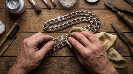 Bird's Eye View of Hands Polishing a Sterling Silver Chain with a Chamois Cloth and High-Gloss Reflective Highlights