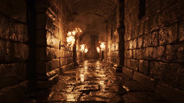 Seamlessly looping atmospheric background of shadow and light from intensely flickering torches along a wet stone fortress hallway seamless, dark, digital