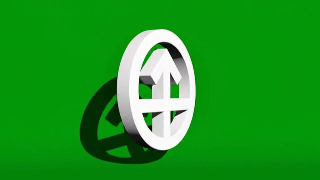 Rotating 3D white logo with an upward arrow inside a circle casting a shadow on a green background