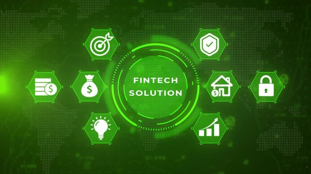 Digital infographic with interconnected hexagonal representing business finance goals security home and innovation against a dark green map background with glowing grid lines and circular HUD