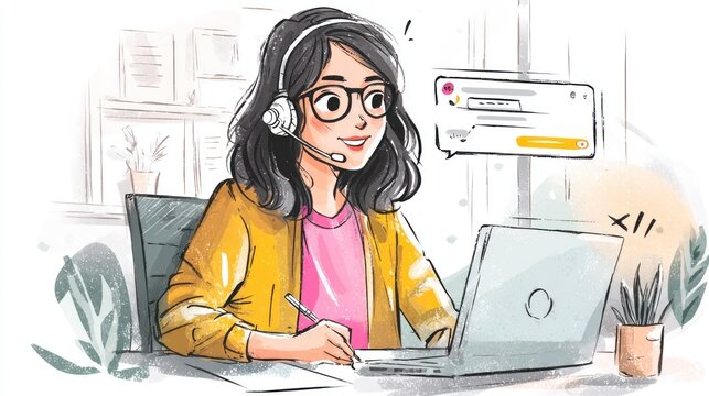 Woman working remotely with laptop headset