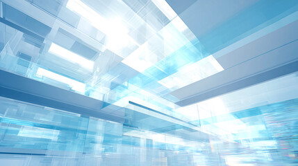水色の透過パネルが連なる未来的なデジタル空間