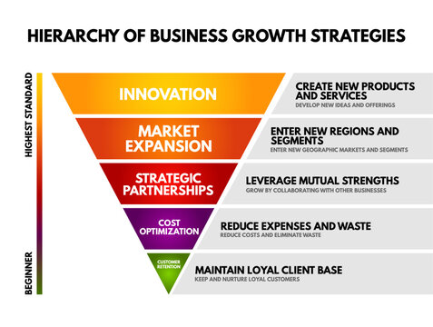 HIERARCHY OF BUSINESS GROWTH STRATEGIES inverted pyramid diagram. Illustrates a progression from beginner to highest standard levels, including customer retention, cost optimization, strategic partner