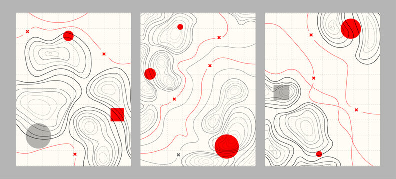 Vector illustration. Minimalist topographic maps with contour lines and colorful geometric shapes. Modern abstract design elements for poster, book or magazine cover, flyer. Map with marks and trails