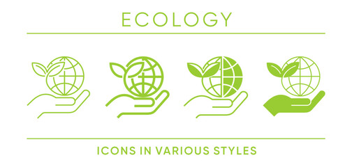 Multi-style icons set - Ecology, Hand and Globe