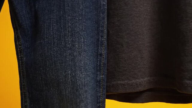 Close-up of dark denim jeans and a gray t-shirt with a bright yellow background, fashion concept