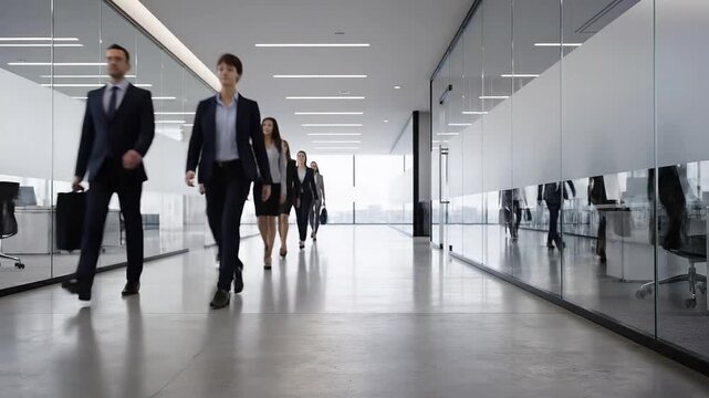 Ambitious business professionals stride with purpose through a sleek, modern office corridor, reflecting corporate progress and dynamic teamwork in a bustling environment