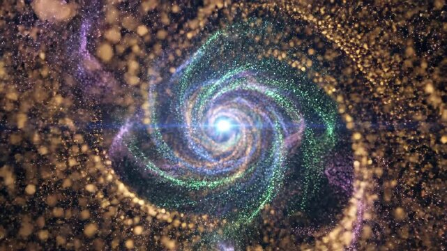 Seamlessly looping background of vibrant abstract particles swirling and merging together symbolizing the intake of educational concepts and discovery learning process, awe, flow