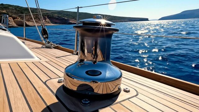 Shiny winch on a sailboat deck reflecting sunlight with seascape background during daytime