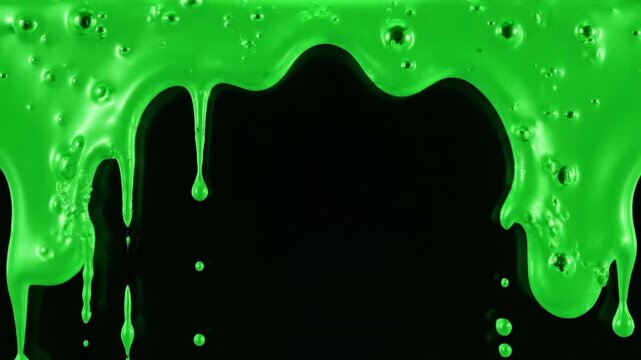 Seamlessly looping border of vibrant green toxic slime slowly dripping down the edges of a dark background creating a creepy animated graphic frame green, digital render, looping