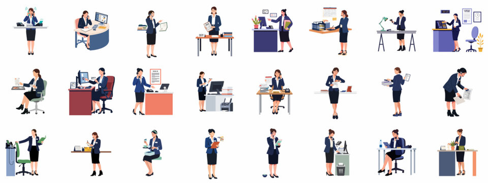Collection of professional female receptionists and office assistants performing daily tasks, handling calls, documents, and administrative duties in a modern business environment.