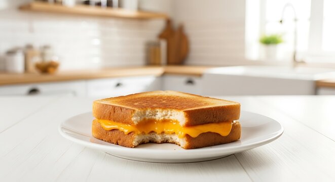 A partially eaten grilled cheese sandwich on a white plate in a kitchen setting