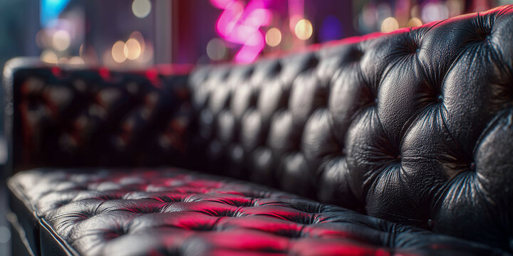 Close up of black leather sofa texture with pink neon light in dark club lounge