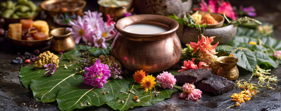  close up photography of traditional offerings for shiva lingam with bel leaves flowers and milk for religious puja background