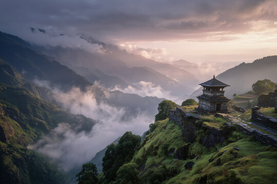 cinematic landscape photography of traditional stone temple in misty himalayan mountains at sunrise for spiritual background