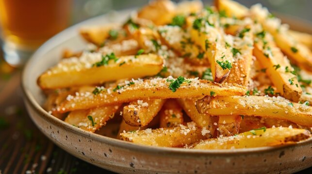 Close-up of golden french fries topped with grated cheese and chopped parsley in a ceramic bowl