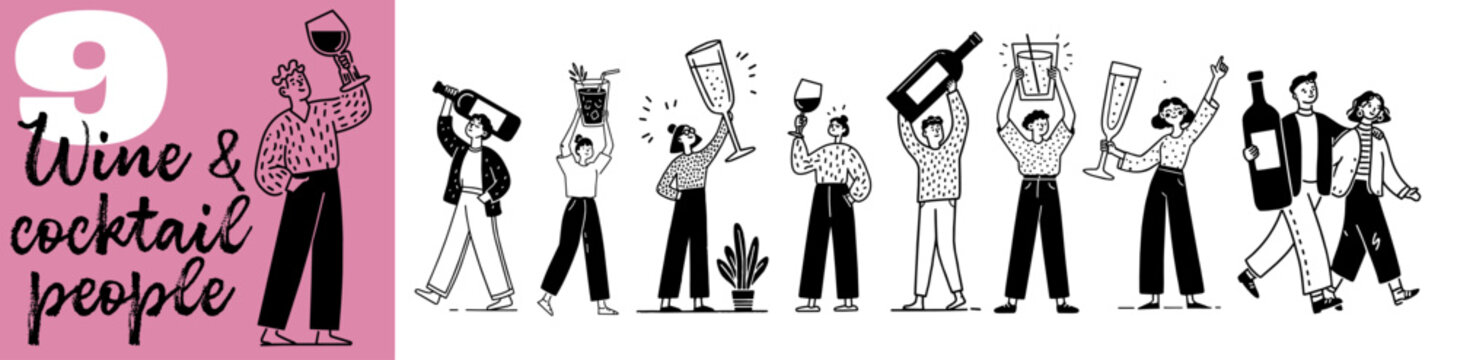 Hand drawn doodles of people celebrating with wine cocktails and champagne for party invitation and bar menu concepts