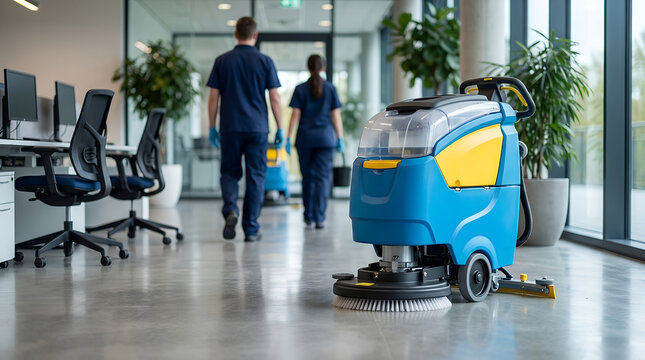Blue and yellow floor scrubber machine on a clean floor in office and cleaning workers. Banner template for commercial cleaning service and maintenance for corporate workspace with copy space.